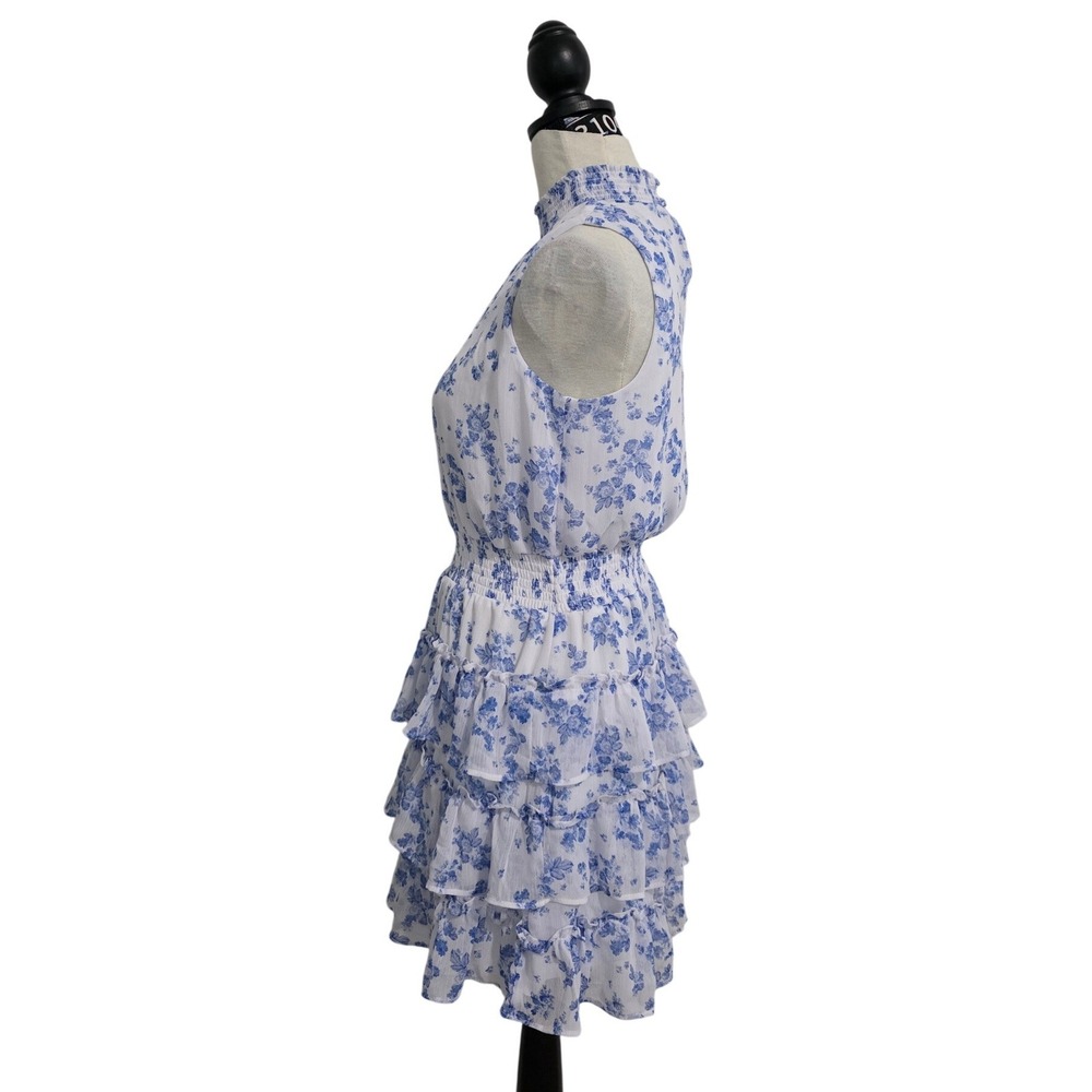 1.STATE Blue White Floral Smocked High Neck Tiered Ruffle Mini Dress Small - Picture 2 of 6